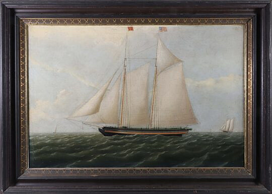 Fine Oil on Canvas "American Portrait of a Two-Masted Schooner Flying a Great Star Pattern American Flag", 19th Century