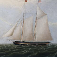 Fine Oil on Canvas “American Portrait of a Two-Masted Schooner Flying a Great Star Pattern American Flag”, 19th Century
