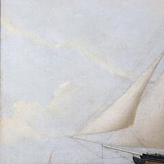Fine Oil on Canvas “American Portrait of a Two-Masted Schooner Flying a Great Star Pattern American Flag”, 19th Century