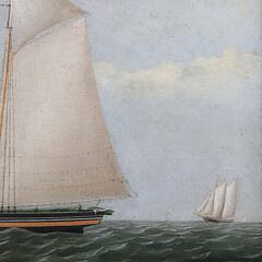 Fine Oil on Canvas “American Portrait of a Two-Masted Schooner Flying a Great Star Pattern American Flag”, 19th Century