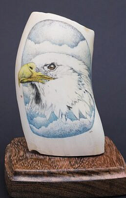 Fine Scrimshaw and Polychromed Eagle Portrait Whale Tooth