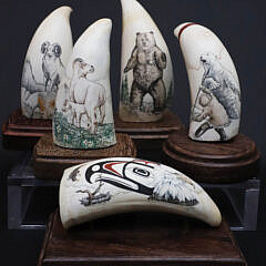 Collection of 5 P. Hayde Scrimshaw Whale Teeth