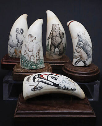 Collection of 5 P. Hayde Scrimshaw Whale Teeth