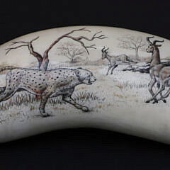 Linda Stockshlager Scrimshaw Whale Tooth Depicting an African Preditorial Scene