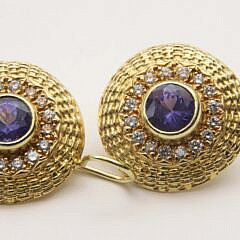 Diana Kim England 18k Yellow Gold, White Diamonds and Blue Tourmaline Basket Weave Earrings