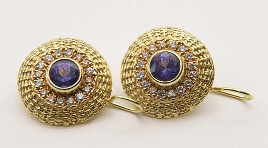 Diana Kim England 18k Yellow Gold, White Diamonds and Blue Tourmaline Basket Weave Earrings