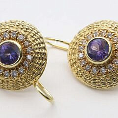Diana Kim England 18k Yellow Gold, White Diamonds and Blue Tourmaline Basket Weave Earrings