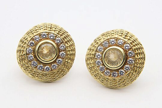 Diana Kim England 18k Yellow Gold, White and Yellow Diamonds Nantucket Basket Weave Earrings