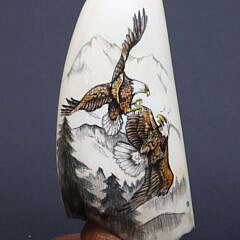 Lane Brower Scrimshaw and Polychromed Whale Tooth Depicting an Eagle Conflict