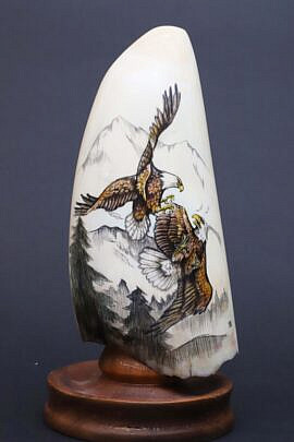 Lane Brower Scrimshaw and Polychromed Whale Tooth Depicting an Eagle Conflict