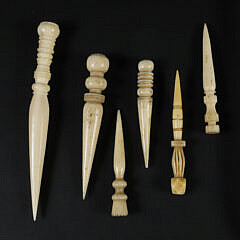 Group of Six Whaleman Carved Whale Bone Bodkins, circa 1860