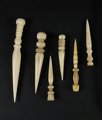 Group of Six Whaleman Carved Whale Bone Bodkins, circa 1860