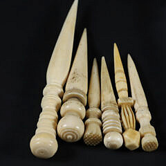 Group of Six Whaleman Carved Whale Bone Bodkins, circa 1860