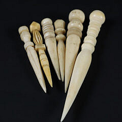 Group of Six Whaleman Carved Whale Bone Bodkins, circa 1860