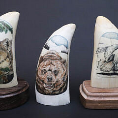 Three B. Aumick Scrimshaw and Polychromed Teeth