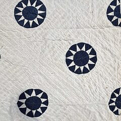 Cobalt Blue Calico Sunburst in a Circle Applique Quilt, 19th Century
