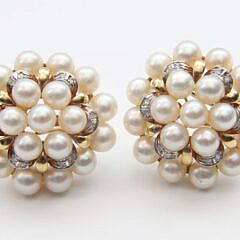 Vintage Estate 14k Yellow Gold, Diamond and Cluster Pearl Earrings
