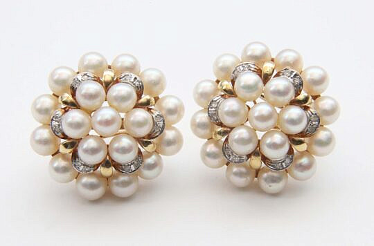 Vintage Estate 14k Yellow Gold, Diamond and Cluster Pearl Earrings
