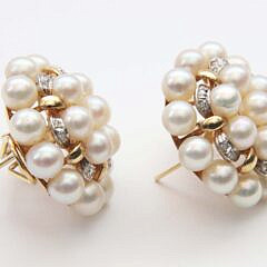 Vintage Estate 14k Yellow Gold, Diamond and Cluster Pearl Earrings