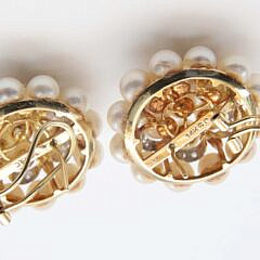Vintage Estate 14k Yellow Gold, Diamond and Cluster Pearl Earrings