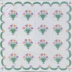 American Vintage Tulips in a Green Flower Basket Applique Quilt, circa 1930s