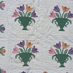 American Vintage Tulips in a Green Flower Basket Applique Quilt, circa 1930s
