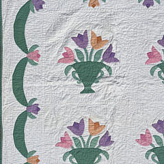 American Vintage Tulips in a Green Flower Basket Applique Quilt, circa 1930s