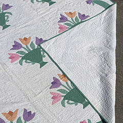 American Vintage Tulips in a Green Flower Basket Applique Quilt, circa 1930s