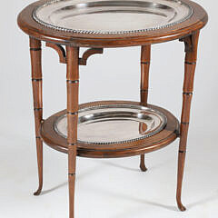 Custom Faux Bamboo Two-Tier Oval Side Table Fitted with Two Antique Gadroon Border Silver Plated Trays