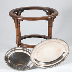 Custom Faux Bamboo Two-Tier Oval Side Table Fitted with Two Antique Gadroon Border Silver Plated Trays