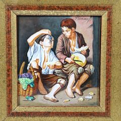 Felipe Herranz Vintage Enamel on Copper Painting “Ninos Comiendo Melon Por Murillo”