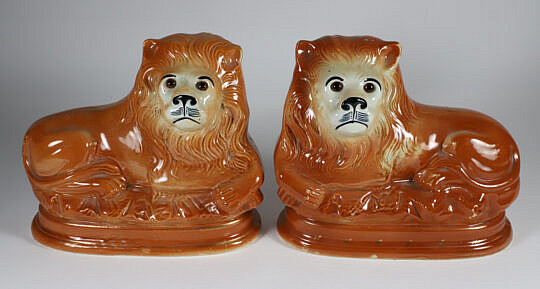 Pair of Staffordshire Ceramic Lions