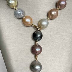 12mm-15mm Multi-color South Sea, Tahitian and Fresh Water Pearl Necklace, 14k Yellow Gold Clasp