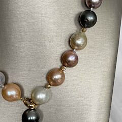 12mm-15mm Multi-color South Sea, Tahitian and Fresh Water Pearl Necklace, 14k Yellow Gold Clasp