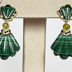 Pair of Carved Malachite “Fan” Earrings Set in Sterling Silver Vermeil