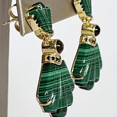 Pair of Carved Malachite “Fan” Earrings Set in Sterling Silver Vermeil