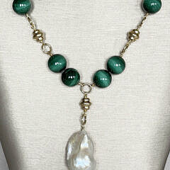 10mm Malachite Bead Sterling Silver Vermeil Necklace with Baroque Pearl Drop