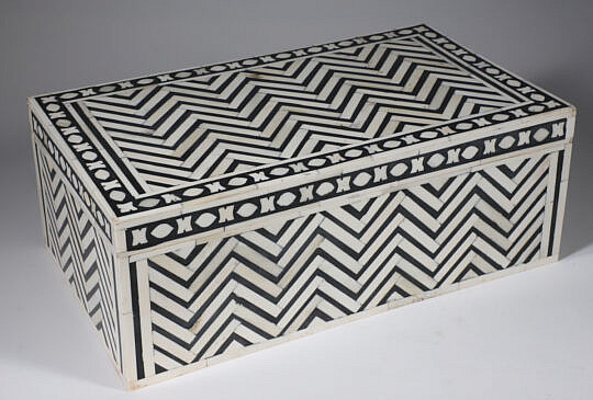 Teak Wood and Bone Geometric Inlaid Box