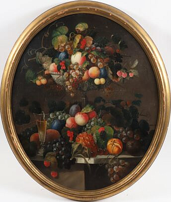 Oval Antique Oil on Canvas "Floral and Fruit Still Life" 19th Century