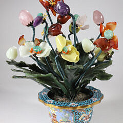 Chinese Contemporary Carved Hardstone and Cloisonné Potted Floral Arrangement