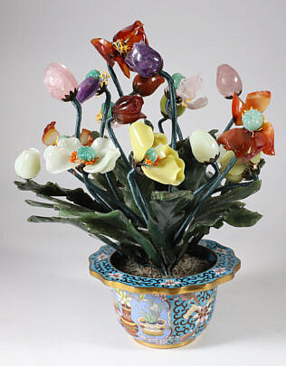 Chinese Contemporary Carved Hardstone and Cloisonné Potted Floral Arrangement