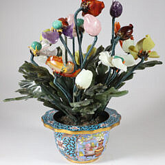 Chinese Contemporary Carved Hardstone and Cloisonné Potted Floral Arrangement