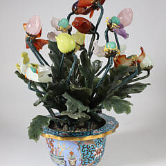 Chinese Contemporary Carved Hardstone and Cloisonné Potted Floral Arrangement