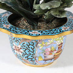 Chinese Contemporary Carved Hardstone and Cloisonné Potted Floral Arrangement