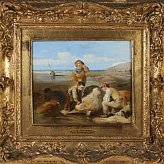 William Shayer Sr. Oil on Board "The Toy Boat" in Original Antique Gilt Frame