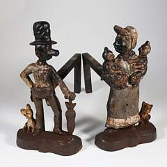 Pair of Antique English Mr. & Mrs. Ally Sloper Polychromed Cast Iron Andirons