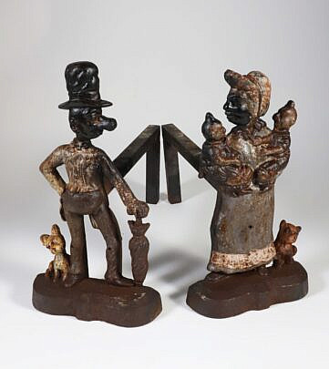 Pair of Antique English Mr. & Mrs. Ally Sloper Polychromed Cast Iron Andirons