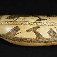American Scrimshaw Whale Tooth, Pod of Three Whales and Longboat, circa 1850