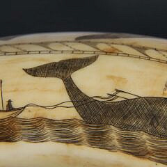 American Scrimshaw Whale Tooth, Pod of Three Whales and Longboat, circa 1850