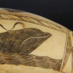 American Scrimshaw Whale Tooth, Pod of Three Whales and Longboat, circa 1850